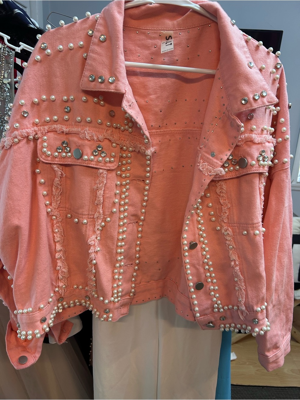 Pearl-Embellished Pink Denim Jacket - Women